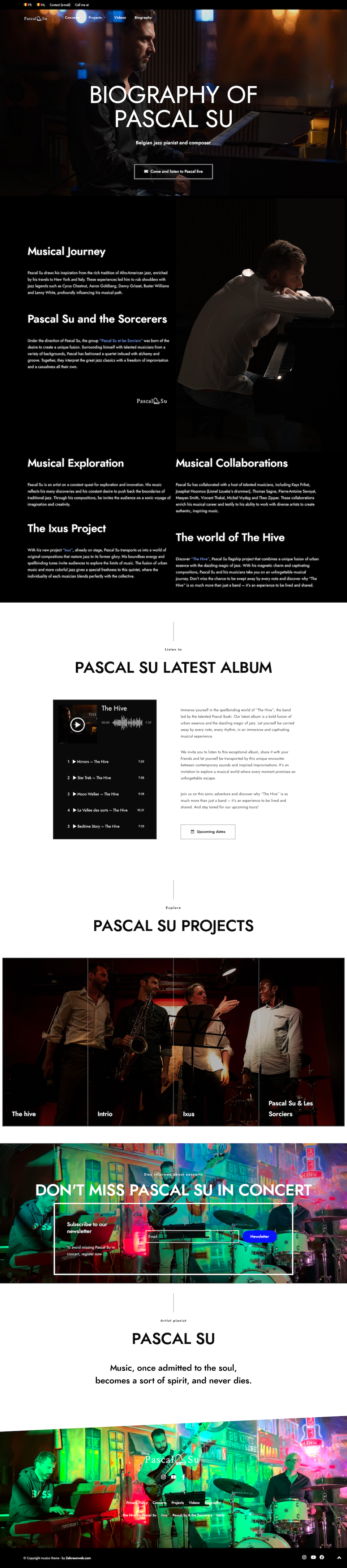 Nouvelle page de biographie du site de Pascal Suski comment organiser son site avec une présentation claire et des options d'écoute de musique